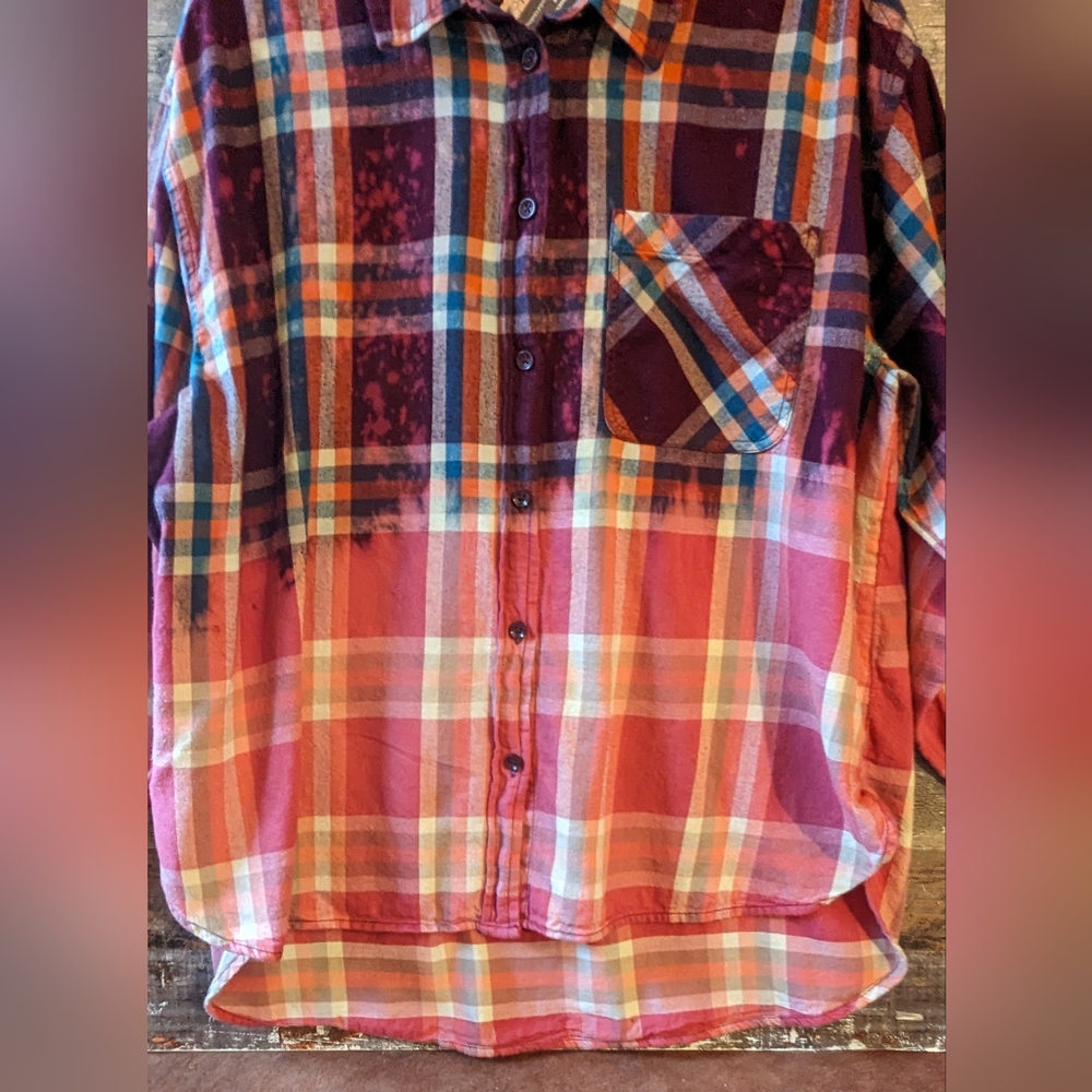 Sale! New Upcycled Handcrafted Dip Dyed Bleached Flannel Shirt With Floral Skull - Picture 12 of 16